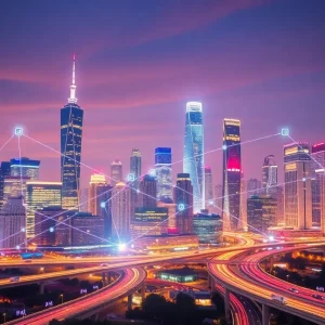 A modern city skyline showcasing smart technologies and innovation.