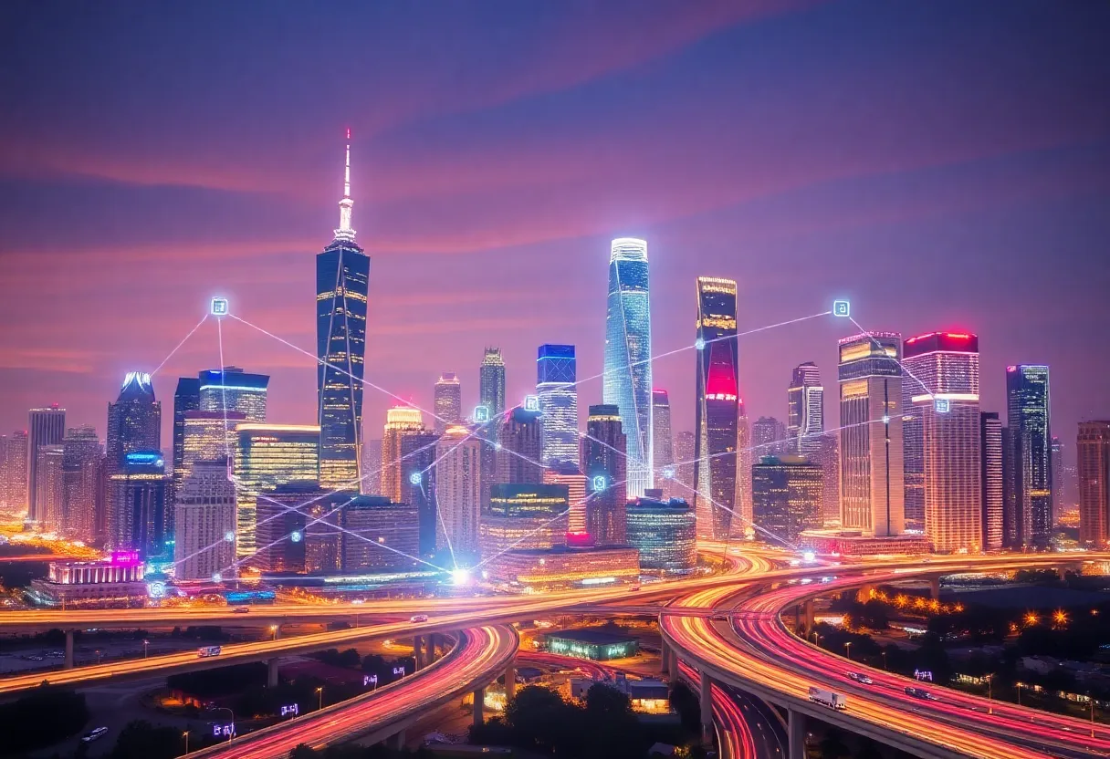 A modern city skyline showcasing smart technologies and innovation.