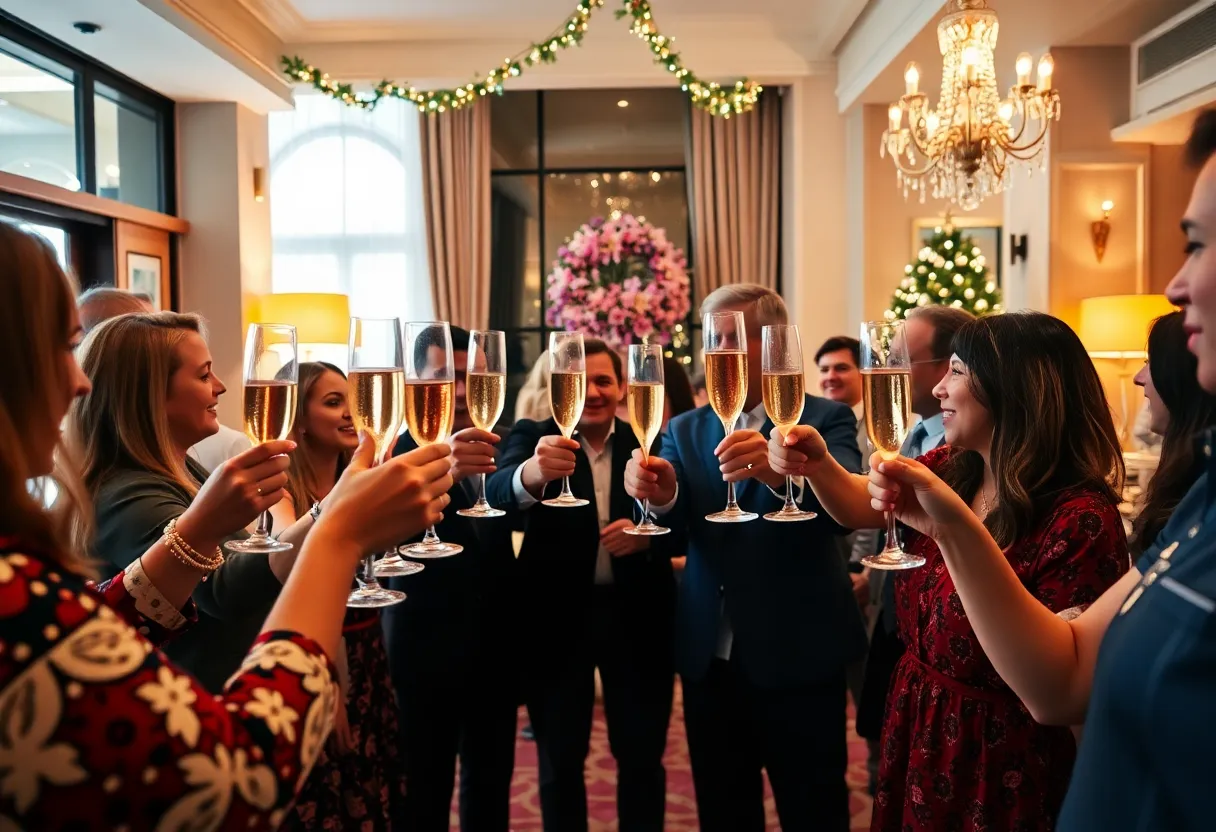 Guests enjoying National Prosecco Day at The Statler with glasses of prosecco.