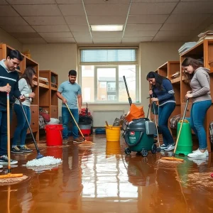 Students engaged in cleaning after flooding in university dormitory