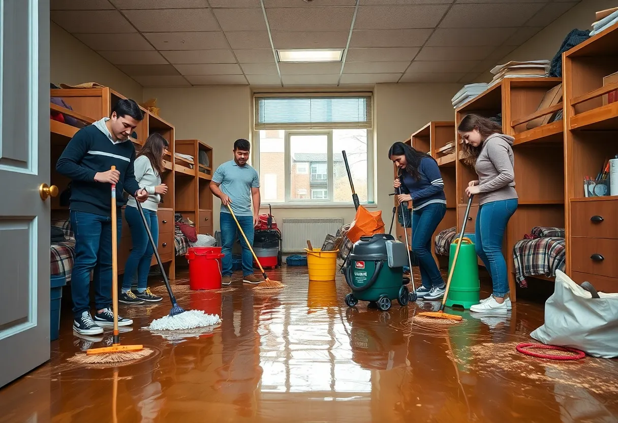 Students engaged in cleaning after flooding in university dormitory