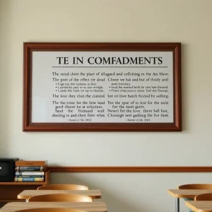 Classroom featuring a framed display of the Ten Commandments