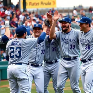 Celebration of Texas Rangers bullpen after victory