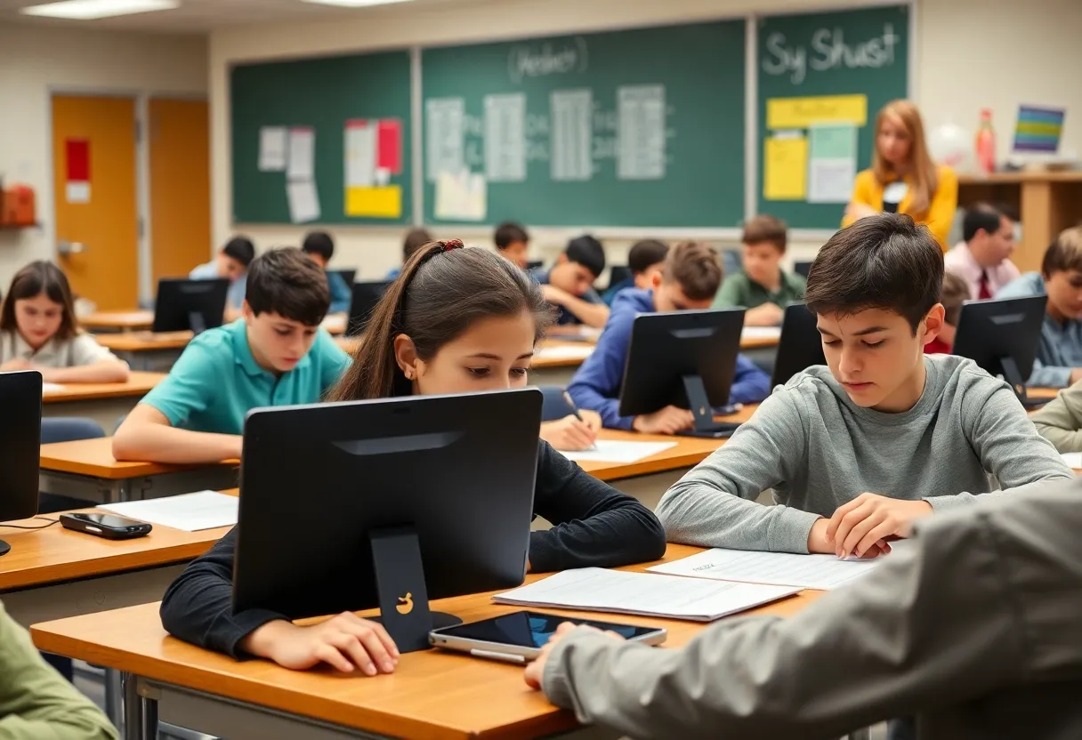 Students taking standardized tests in a classroom with technology