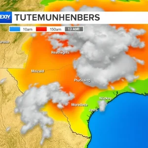 Weather map of Texas indicating thunderstorms