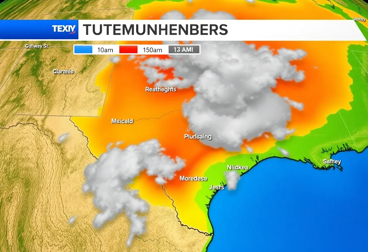 Weather map of Texas indicating thunderstorms