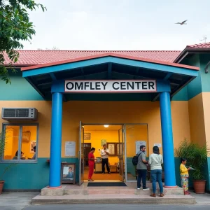 Community center exterior with people interacting and engaging