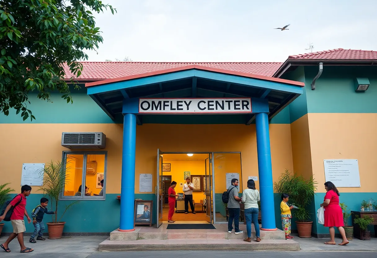 Community center exterior with people interacting and engaging
