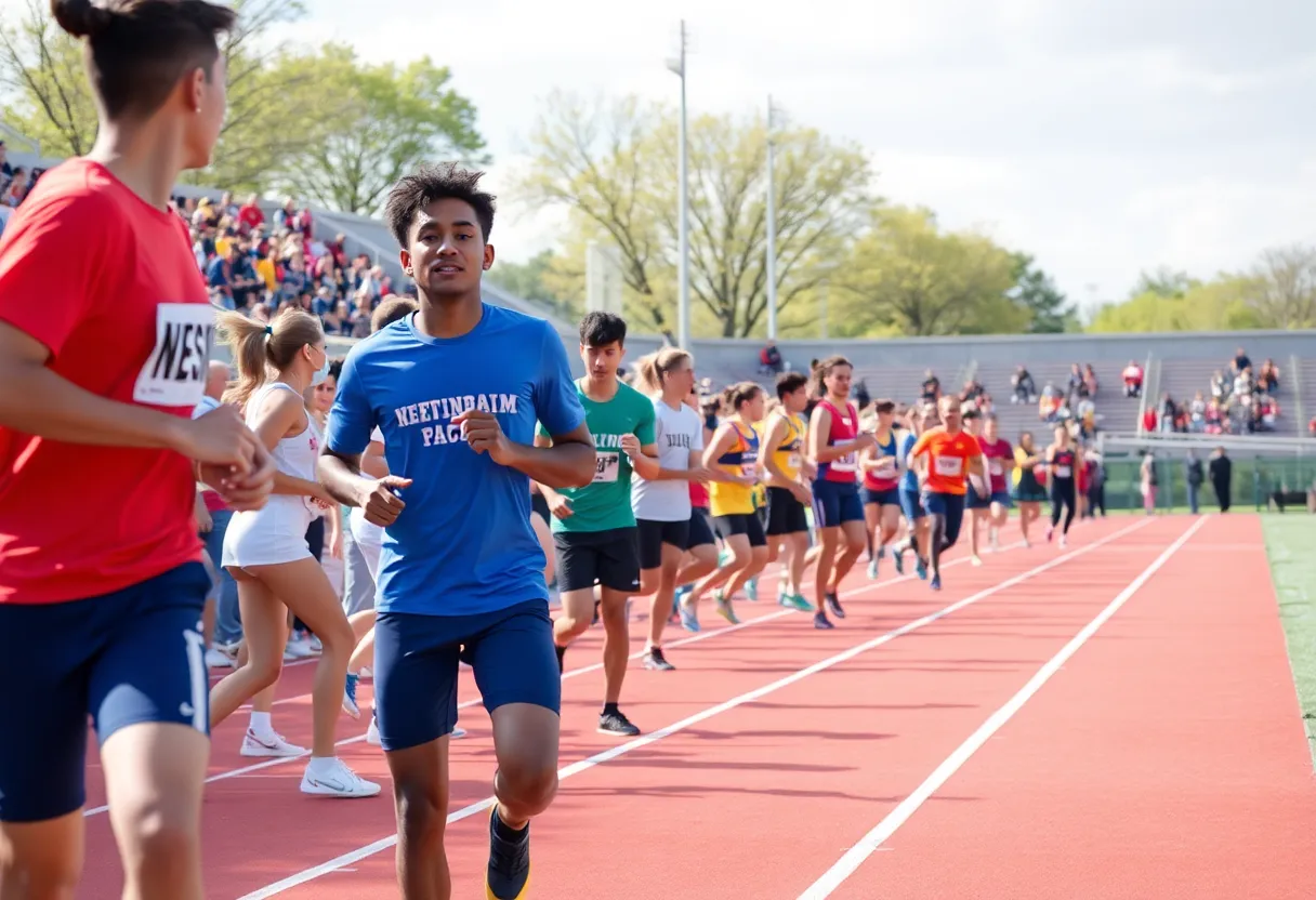 Athletes competing in a college track and field event at UT Dallas