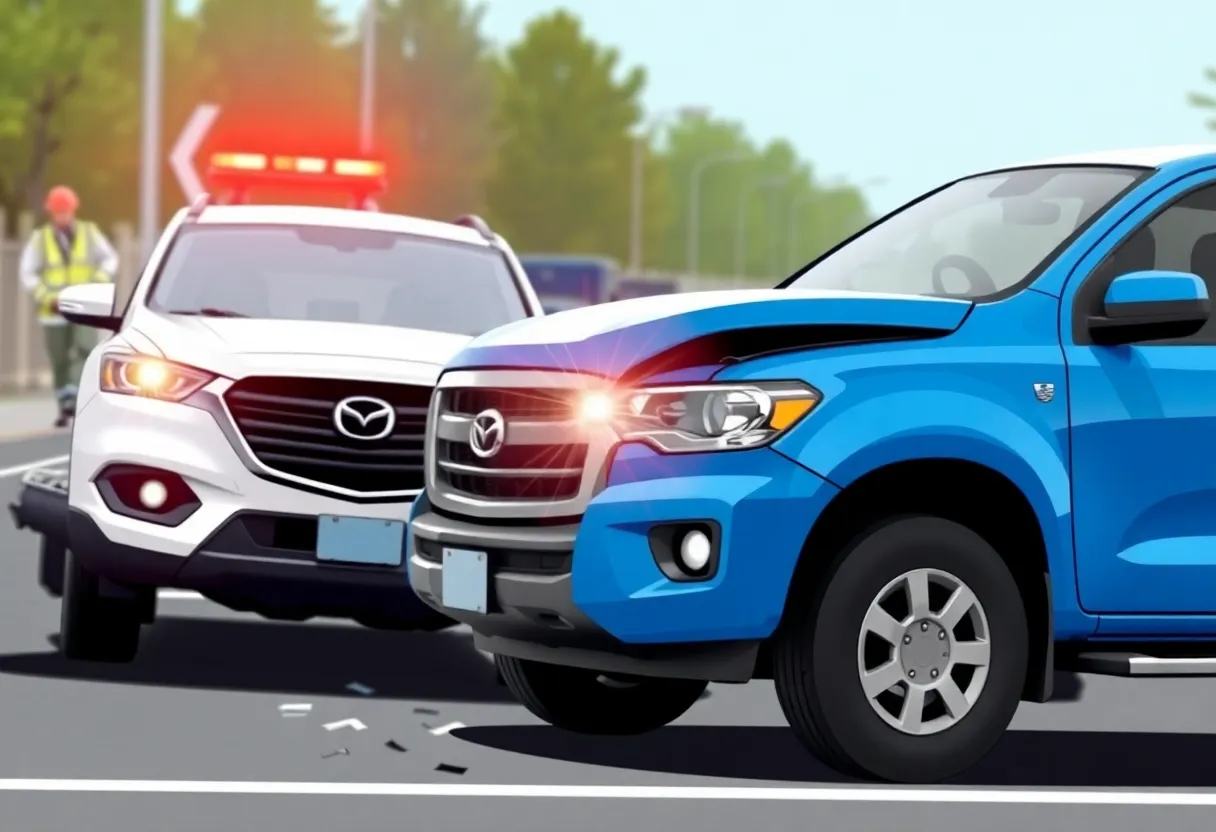 Scene of a wrong-way crash involving a blue pickup truck and a Mazda vehicle.