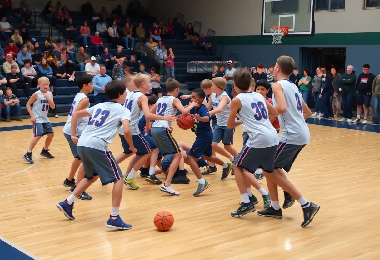 Youth basketball players fighting during a game.