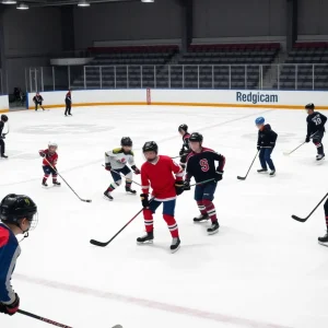 Youth hockey players practicing at an ice rink