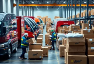 Logistics facility with delivery workers and packages during busy season