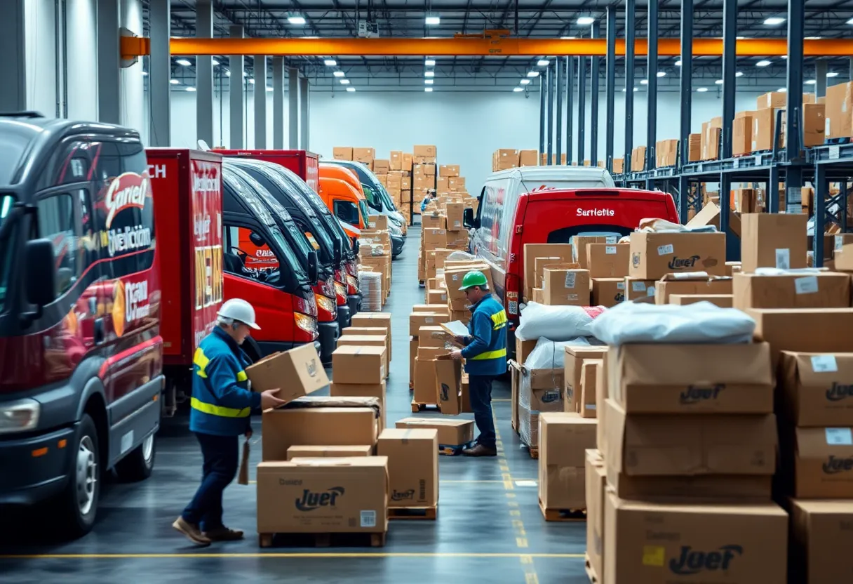 Logistics facility with delivery workers and packages during busy season