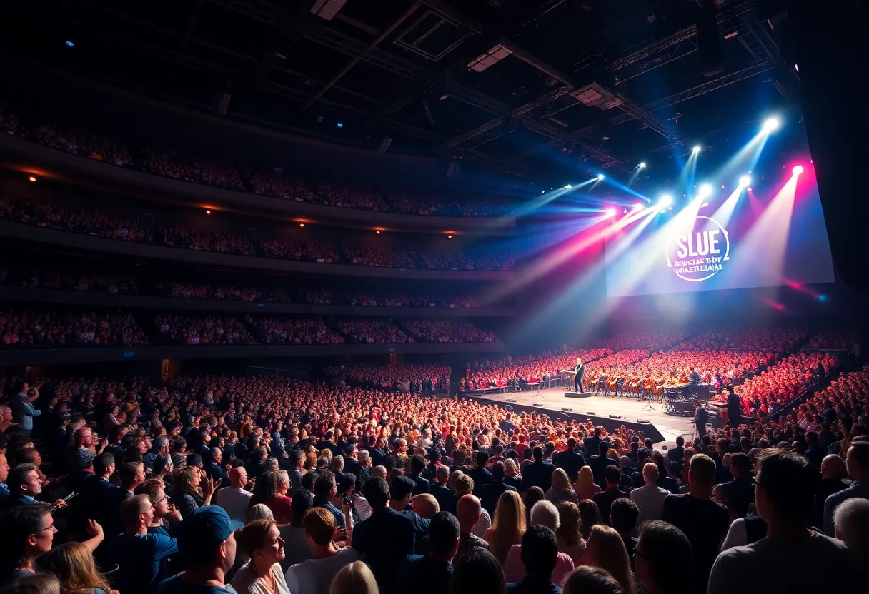 Audience enjoying a live concert performance in a grand arena.