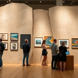 Contemporary art displayed against natural stone slabs at a fundraiser event.