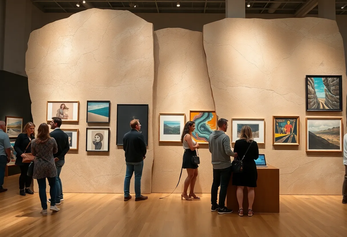 Contemporary art displayed against natural stone slabs at a fundraiser event.