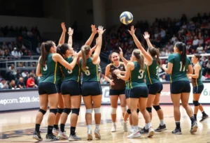 Austin College volleyball team celebrating after a match victory