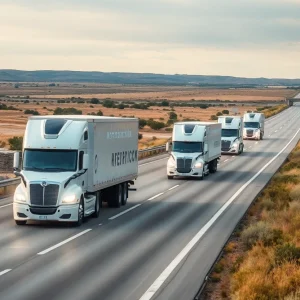 Image of autonomous trucks driving along the I-35 highway