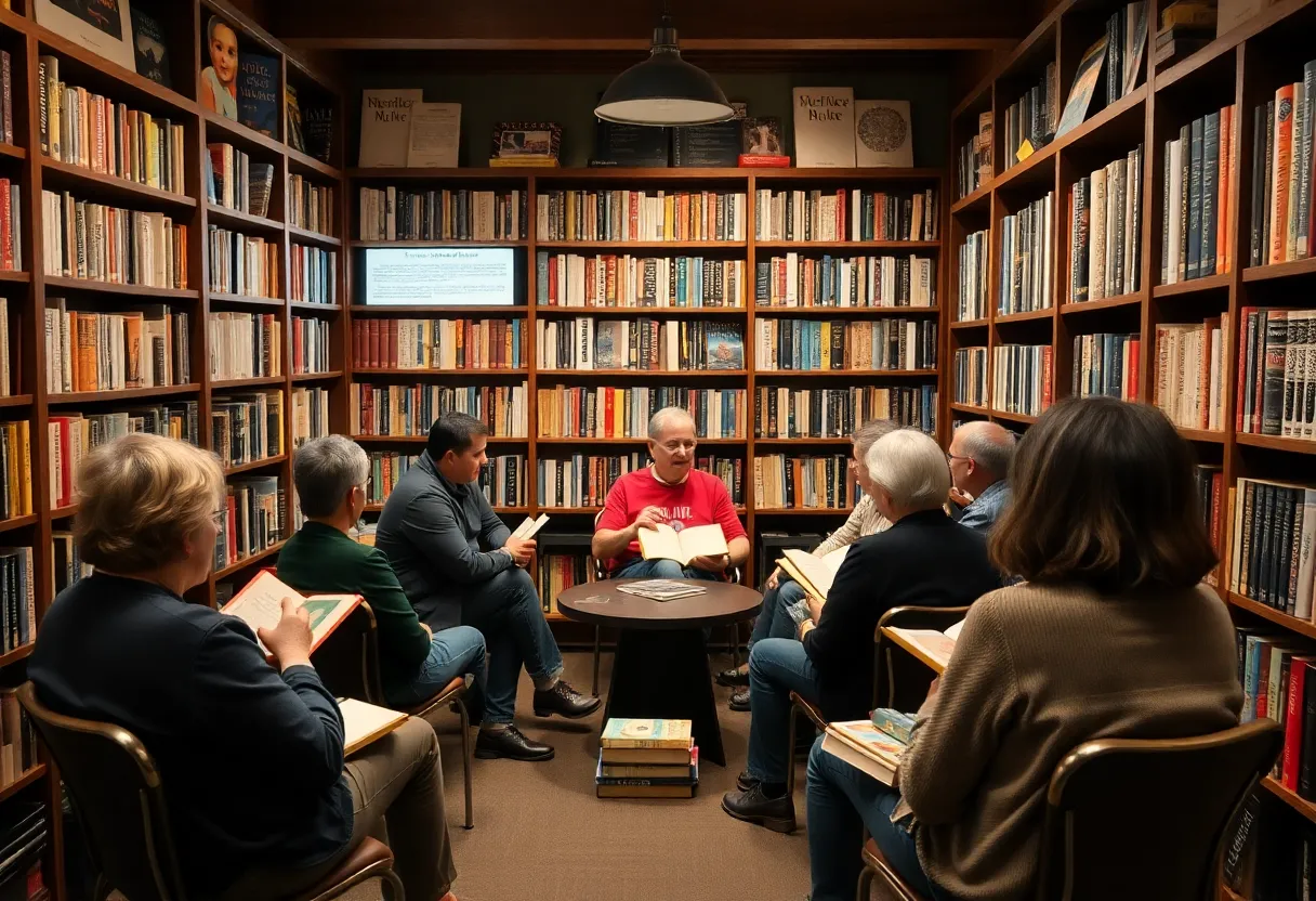 Book discussion event in a cozy bookstore in Dallas