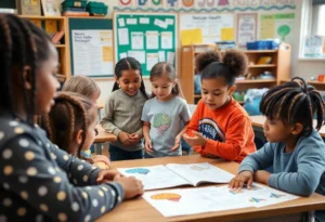 Children participating in neuroscience education activities in a classroom