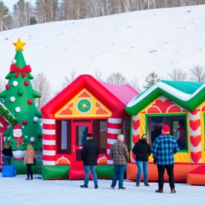A collection of holiday inflatables at a party including a Christmas tree and gingerbread houses.