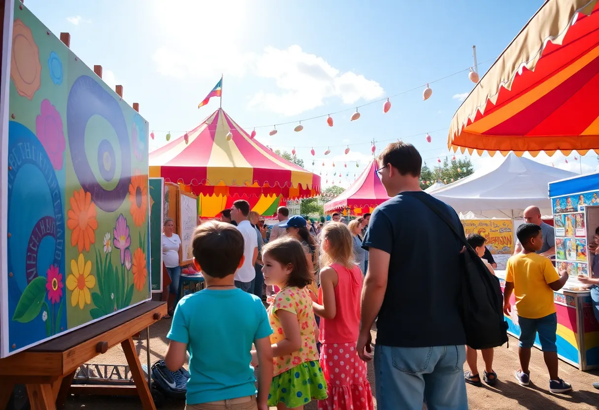Families enjoying the Cima Arts Carnival with colorful art installations and activities.