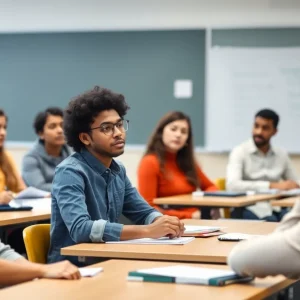 Diverse students engaging in a classroom discussion about literature and social topics.