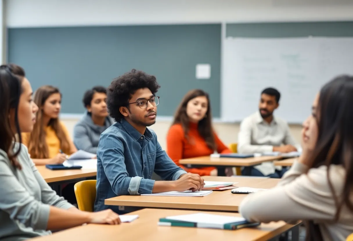 Diverse students engaging in a classroom discussion about literature and social topics.