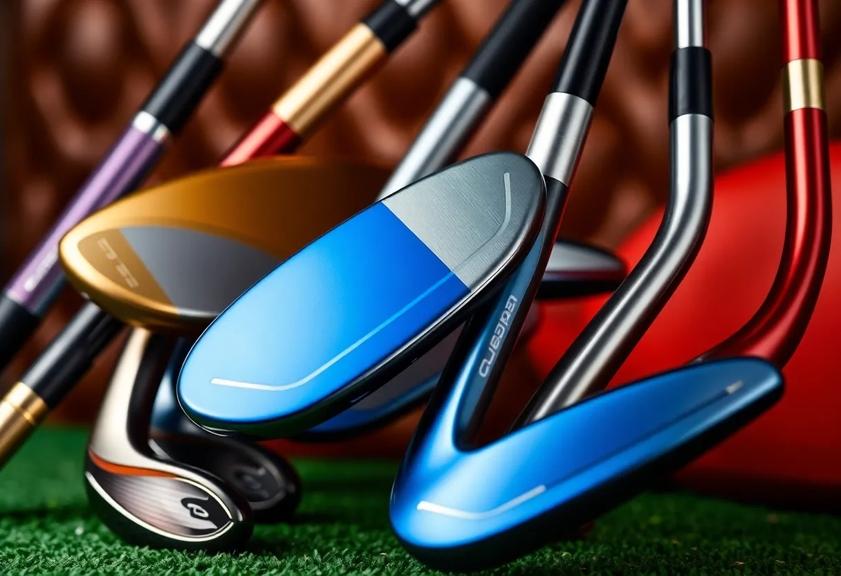 A collection of unique and colorful exclusive golf clubs on display.