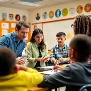 Teachers collaborating in a classroom with engaged students.