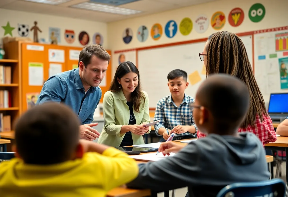 Teachers collaborating in a classroom with engaged students.