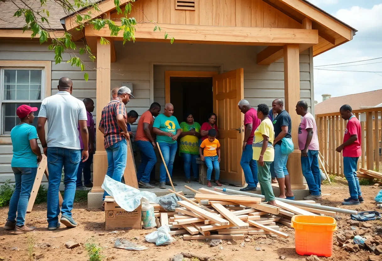 Volunteers repairing a home after Hurricane Helene flooding