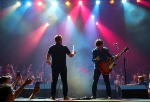 Concert featuring two popular musicians and a lively audience.