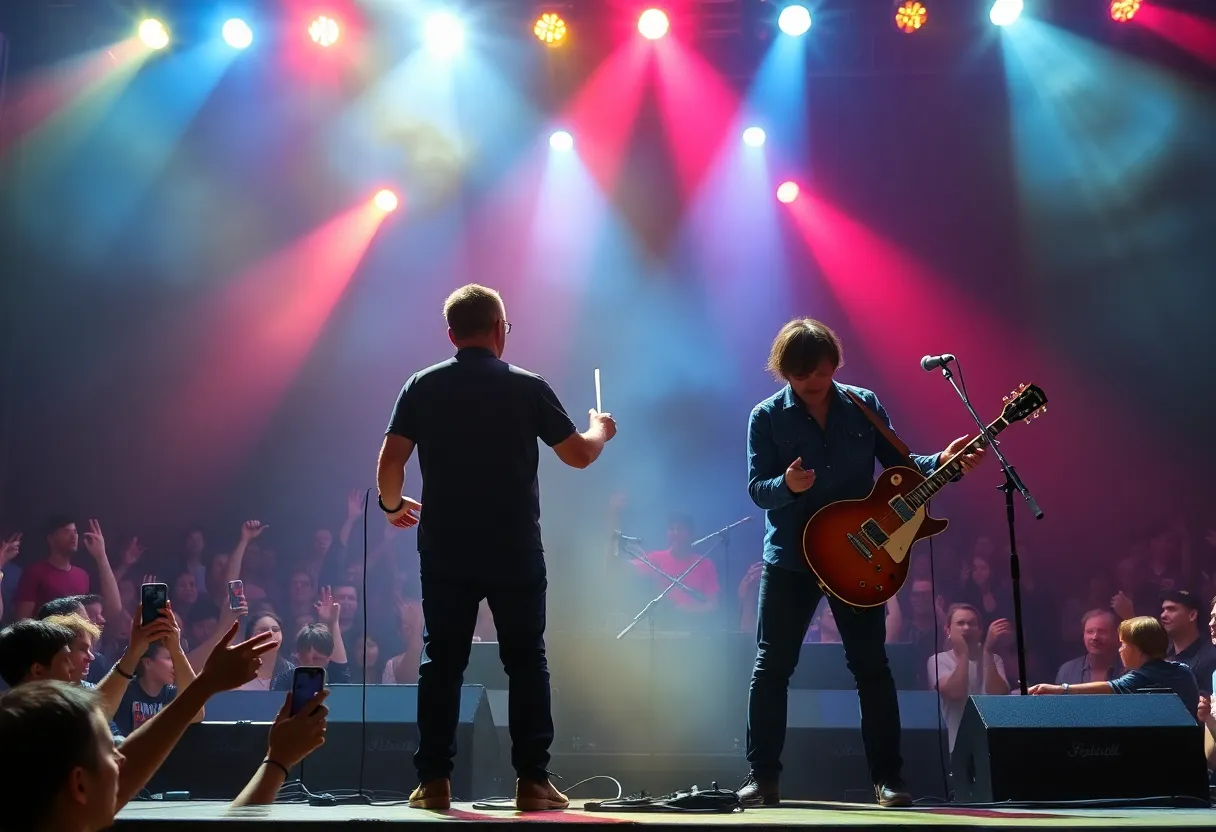 Concert featuring two popular musicians and a lively audience.