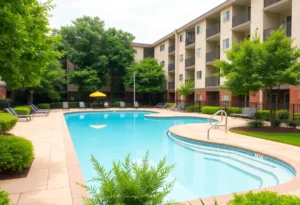 Pool area of The Village apartment complex in Dallas