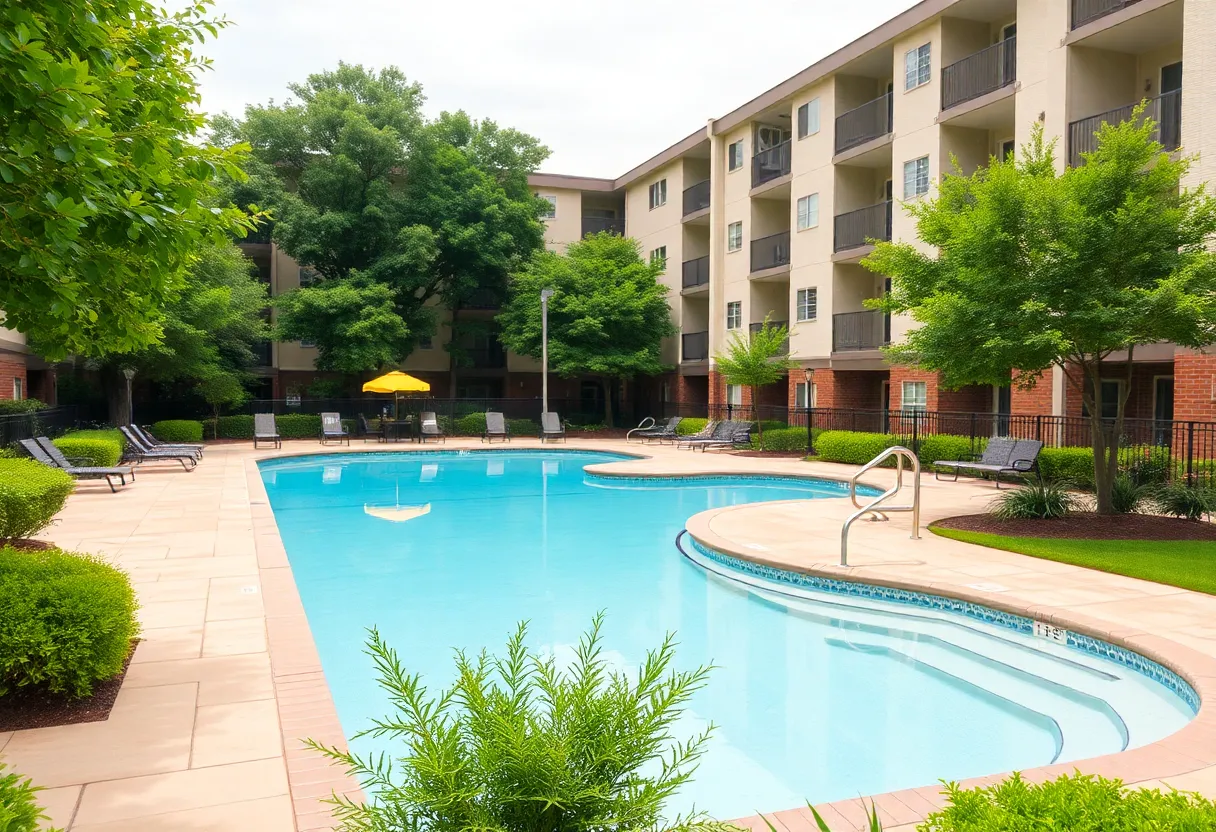 Pool area of The Village apartment complex in Dallas