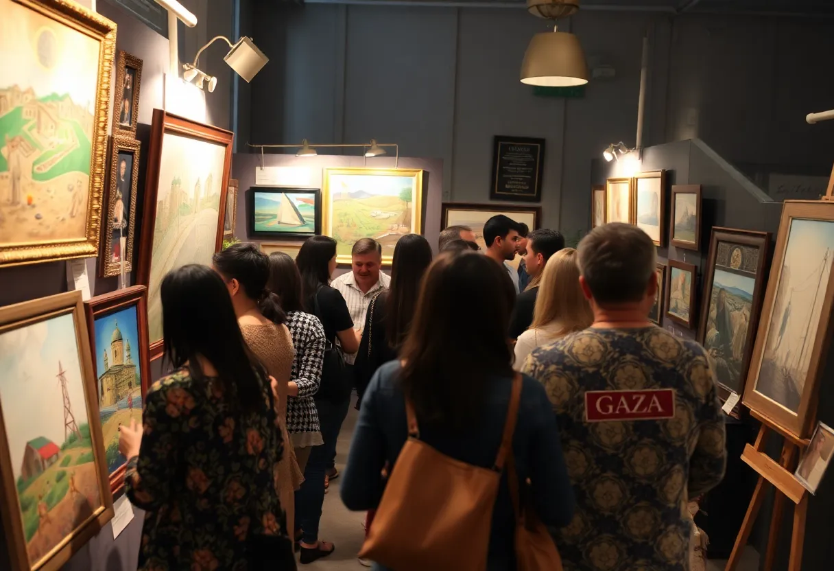 Community members participating in an art auction in Dallas for Gaza.