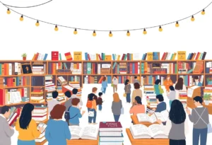 Illustration of a book fair with diverse literature in Dallas