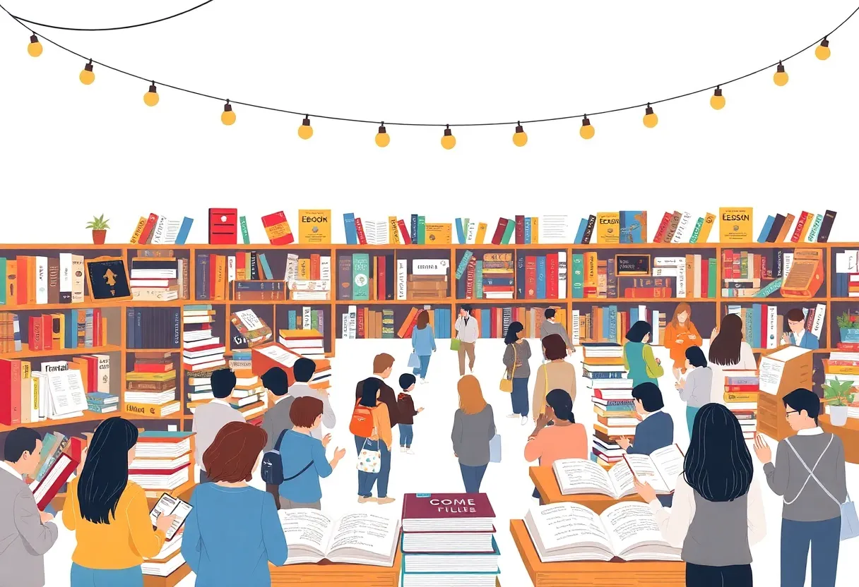 Illustration of a book fair with diverse literature in Dallas