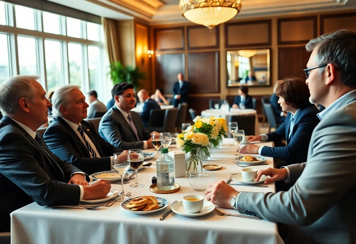 Business leaders at breakfast discussing finance in Dallas