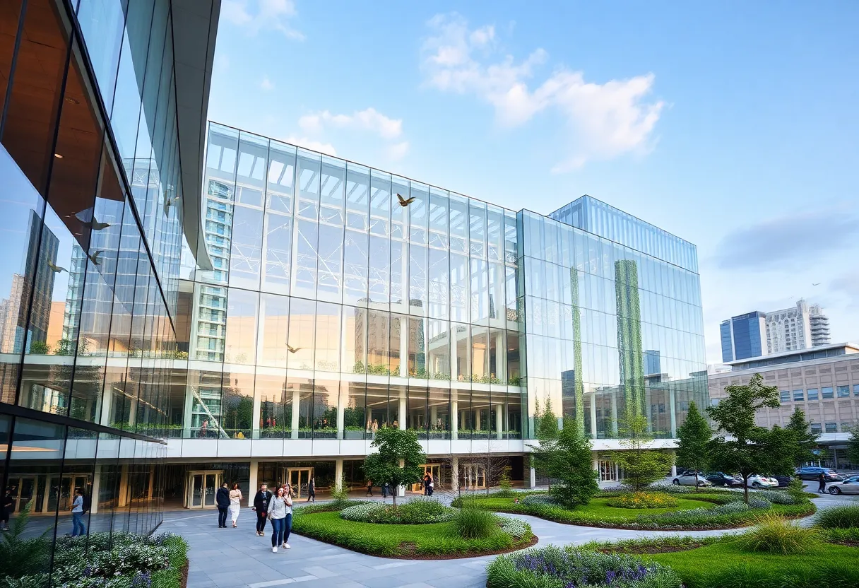 Rendering of the renovated Dallas Convention Center with bird-friendly features