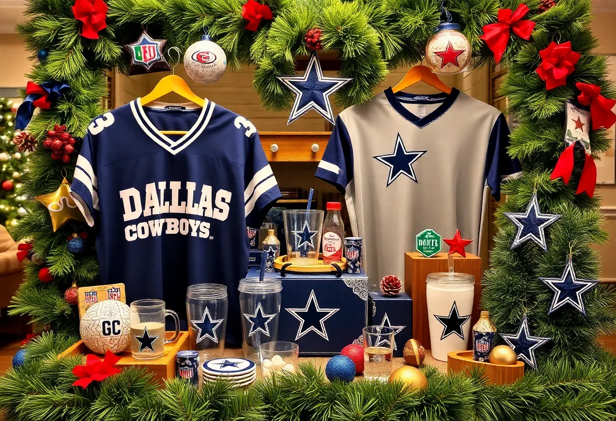 Holiday gifts for Dallas Cowboys fans including jerseys and decor.