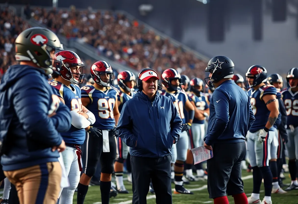 Dallas Cowboys coaches discussing strategy on the sideline during a game