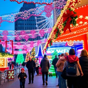 Festive holiday lights in Dallas with families celebrating