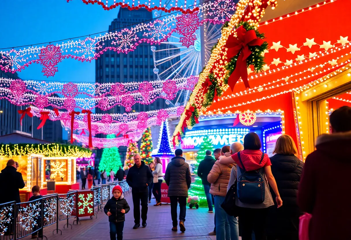 Festive holiday lights in Dallas with families celebrating