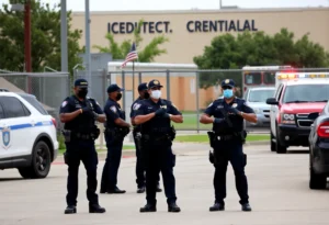 Scene of the shooting at Dallas ICE facility with police vehicles and officers.