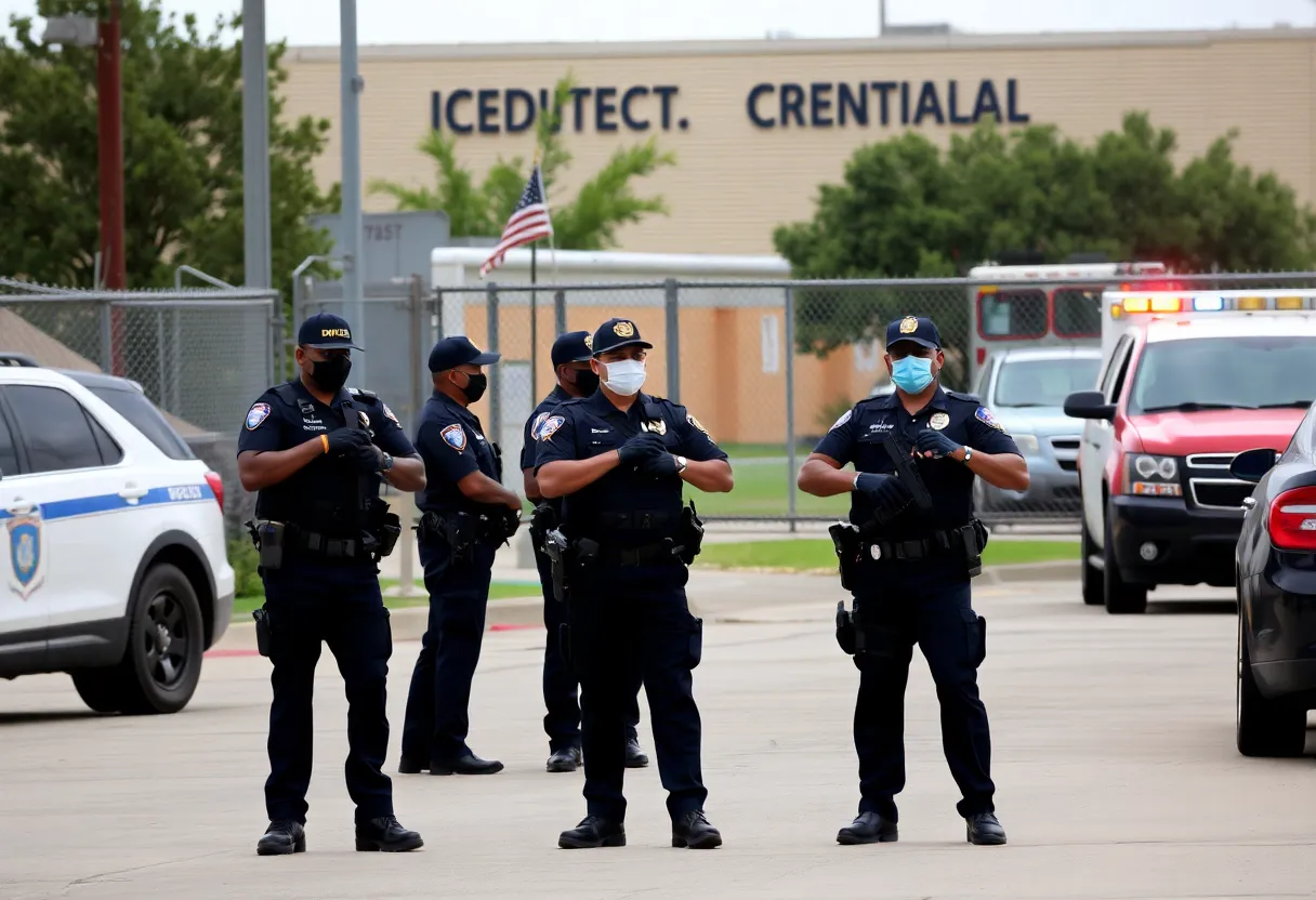 Scene of the shooting at Dallas ICE facility with police vehicles and officers.
