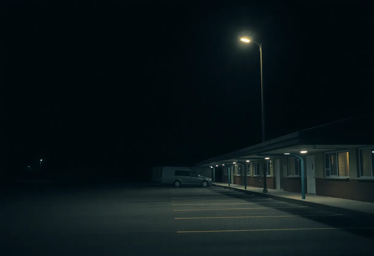 Motel parking lot in downtown Dallas at night