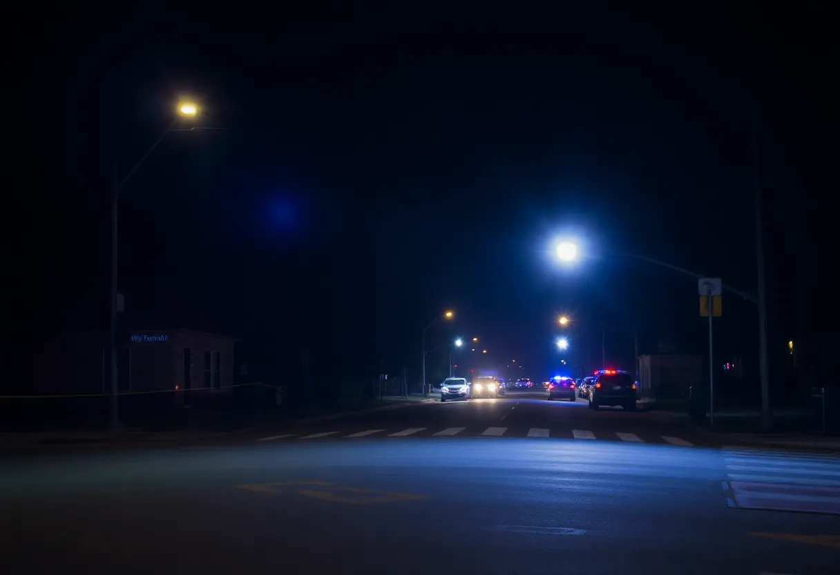 Police lights illuminating a dark street in Oak Cliff, Dallas